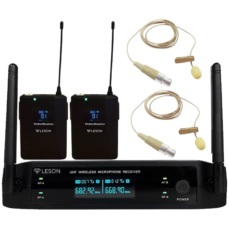 Microfone-Sem-Fio-Duplo-de-Lapela-Bege-LS-962---Leson